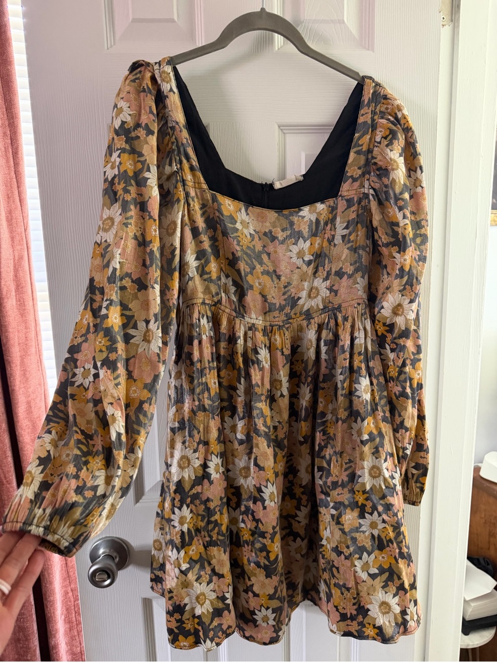 Altar'd State Floral Long-Sleeve Mini Dress in Mustard, Black & Blush